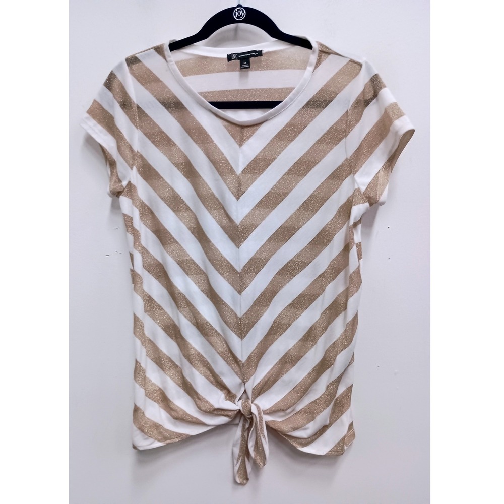 INC International Concepts Top Womens Medium Gold Striped Metallic Tie Front